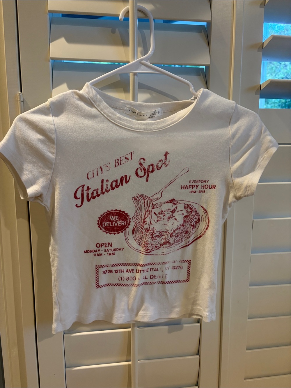 Altar'd State White Crop Tee with Red Italian Spot Graphic